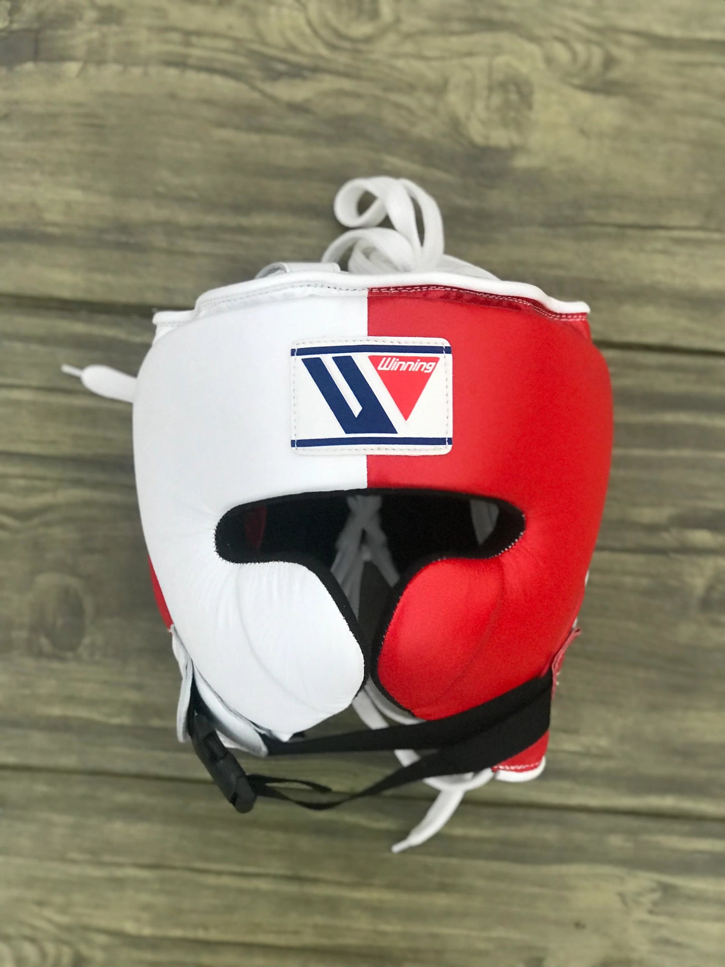Winning Boxing Set – Genuine Leather Gloves, Headgear & Groin Guard in White & Red