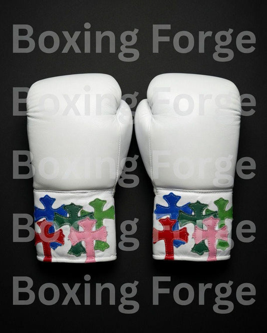 Luxury White Boxing Set – Gloves & Headgear with Vibrant Cross Artwork – Custom Fight Gear in cow hide leather.