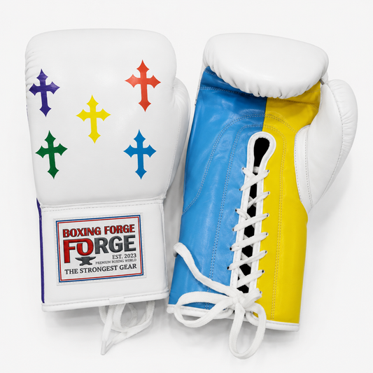 Boxing Forge Rainbow Cross Boxing Gloves | White Leather with Multi-Color Cross Design | Lace-Up Genuine Leather