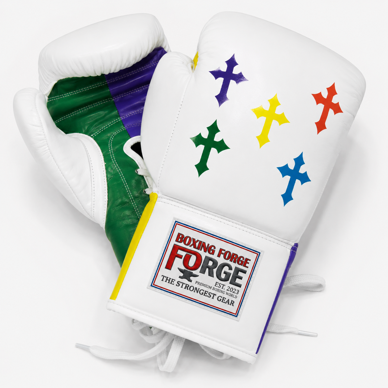 Boxing Forge Rainbow Cross Boxing Gloves | White Leather with Multi-Color Cross Design | Lace-Up Genuine Leather