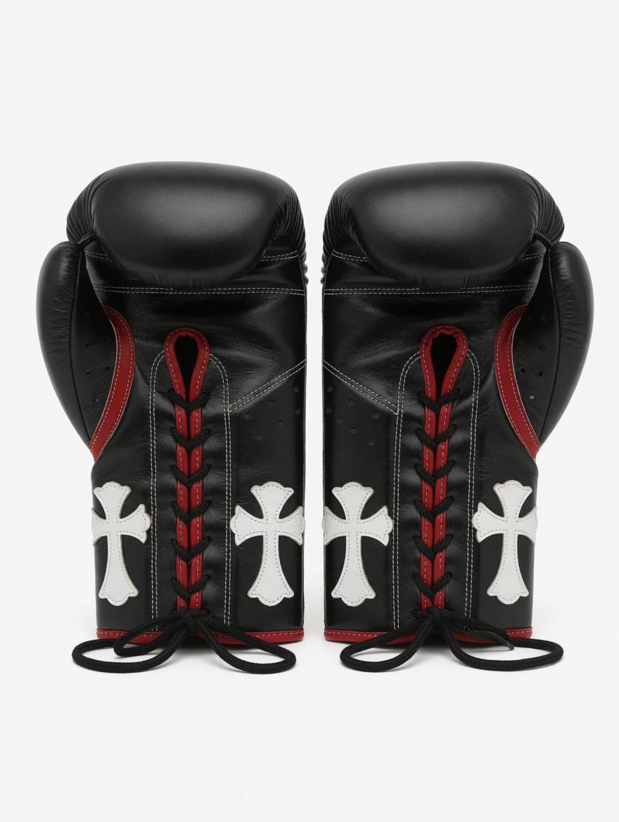 Gothic Cross Custom Boxing Gloves | Handcrafted Black Leather Sparring & Training Gear with Red and White Cross Patches