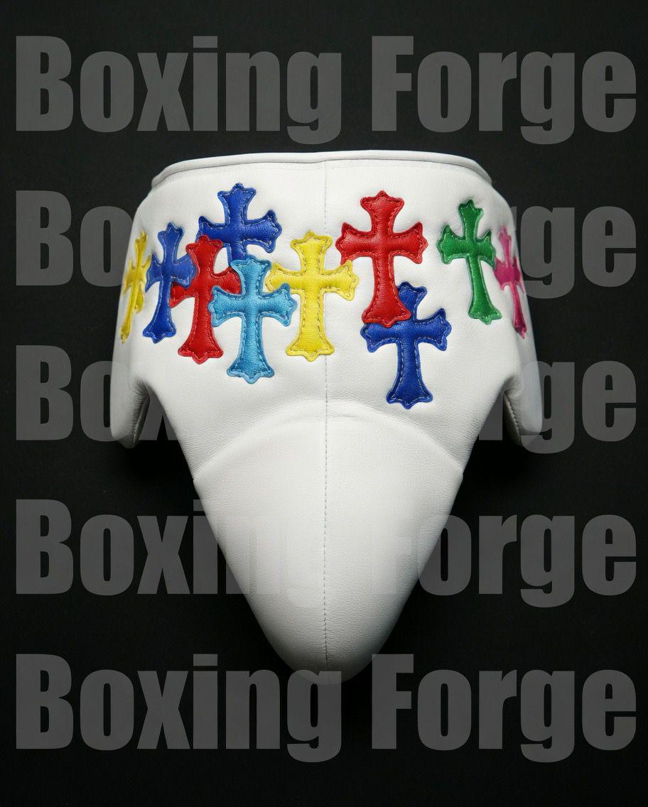 Luxury White Boxing Set – Gloves & Headgear with Vibrant Cross Artwork – Custom Fight Gear in cow hide leather.
