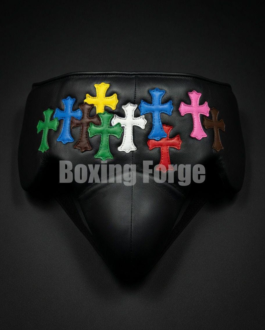 Custom Boxing set with Colorful Cross Design – Handmade Leather Gloves – Unique Christian Boxing Gear Made in Cow Hide Leather.