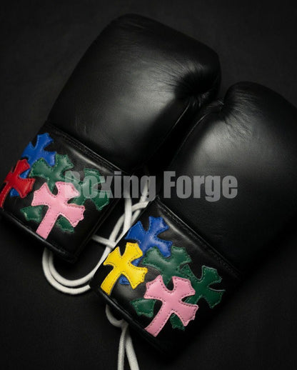 Custom Boxing set with Colorful Cross Design – Handmade Leather Gloves – Unique Christian Boxing Gear Made in Cow Hide Leather.