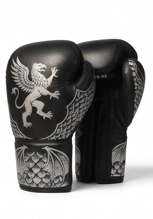 Dragon  Griffin Engraved Boxing Set – Black cow hide Leather Groin Guard, Headgear &  Gloves, Mythical Fight Gear free shipping