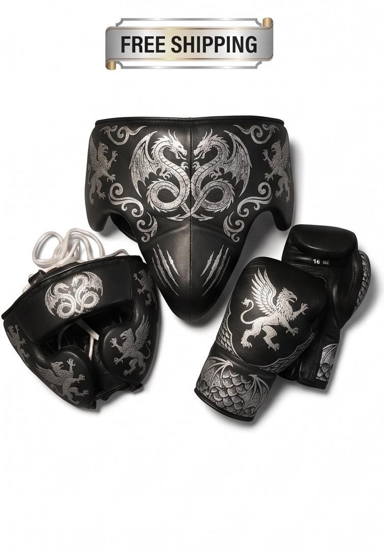 Dragon  Griffin Engraved Boxing Set – Black cow hide Leather Groin Guard, Headgear &  Gloves, Mythical Fight Gear free shipping