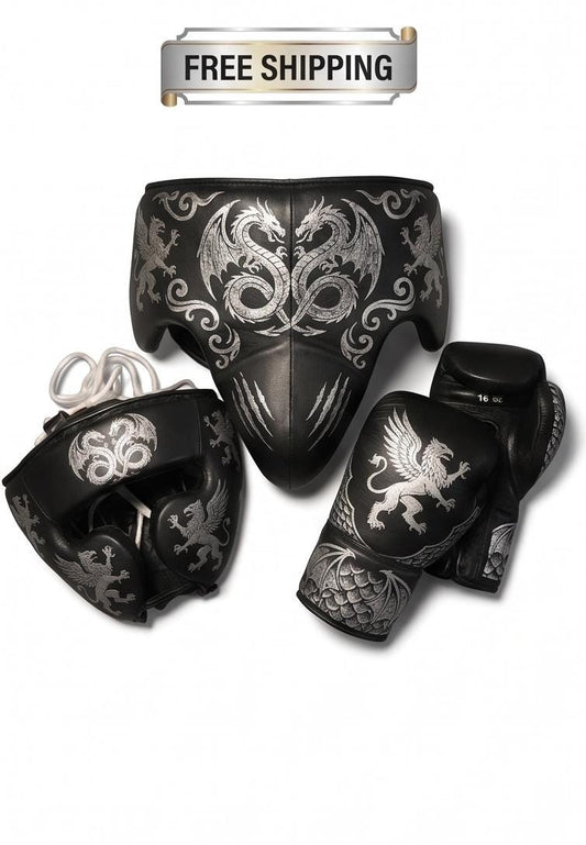 Dragon  Griffin Engraved Boxing Set – Black cow hide Leather Groin Guard, Headgear &  Gloves, Mythical Fight Gear free shipping