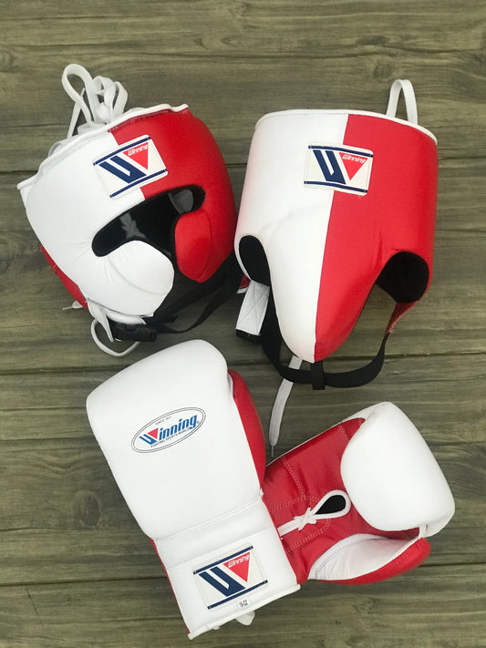 Winning Boxing Set – Genuine Leather Gloves, Headgear & Groin Guard in White & Red