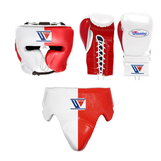 Winning Boxing Set – Genuine Leather Gloves, Headgear & Groin Guard in White & Red