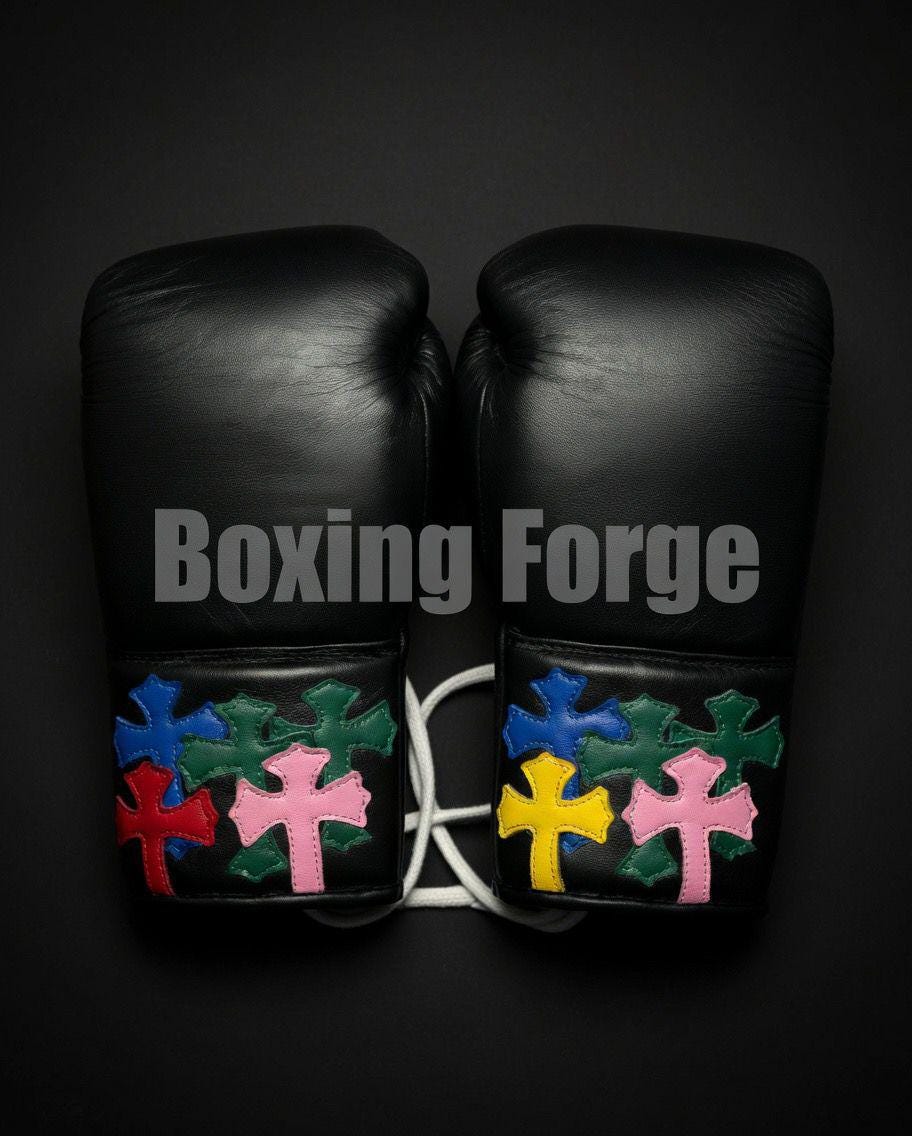 Custom Boxing set with Colorful Cross Design – Handmade Leather Gloves – Unique Christian Boxing Gear Made in Cow Hide Leather.