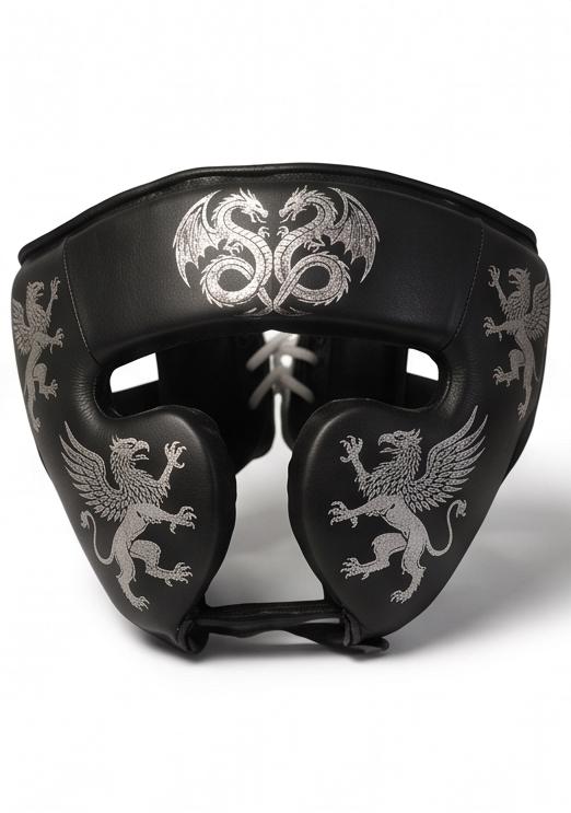 Dragon  Griffin Engraved Boxing Set – Black cow hide Leather Groin Guard, Headgear &  Gloves, Mythical Fight Gear free shipping