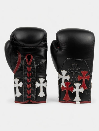 Gothic Cross Custom Boxing Gloves | Handcrafted Black Leather Sparring & Training Gear with Red and White Cross Patches