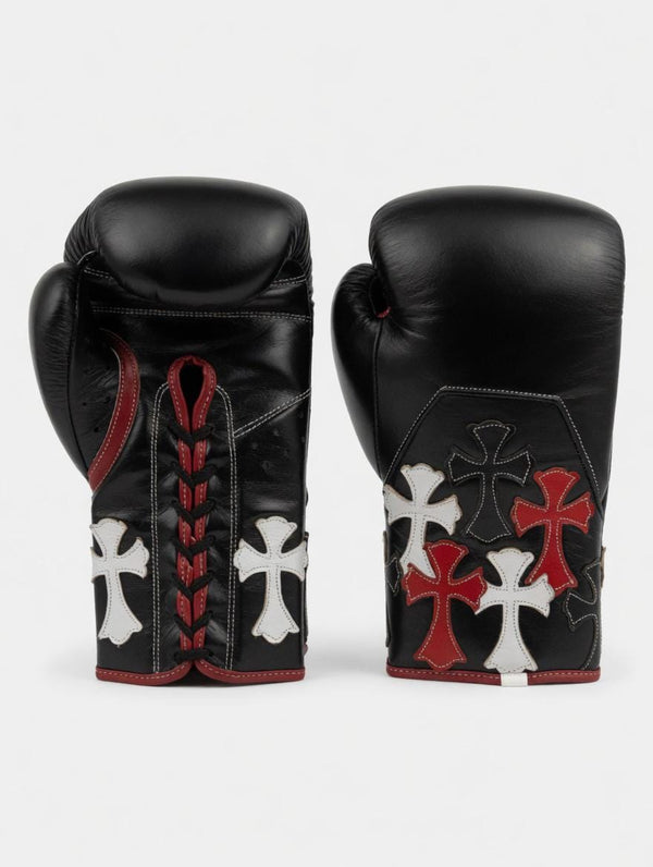Gothic Cross Custom Boxing Gloves | Handcrafted Black Leather Sparring & Training Gear with Red and White Cross Patches