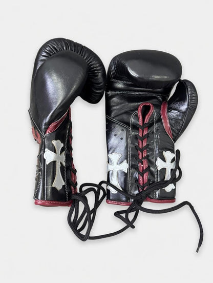 Gothic Cross Custom Boxing Gloves | Handcrafted Black Leather Sparring & Training Gear with Red and White Cross Patches