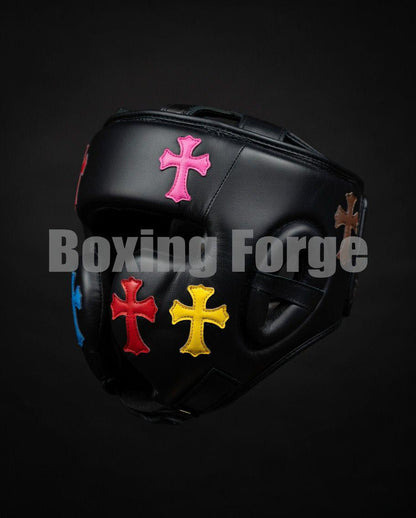 Custom Boxing set with Colorful Cross Design – Handmade Leather Gloves – Unique Christian Boxing Gear Made in Cow Hide Leather.