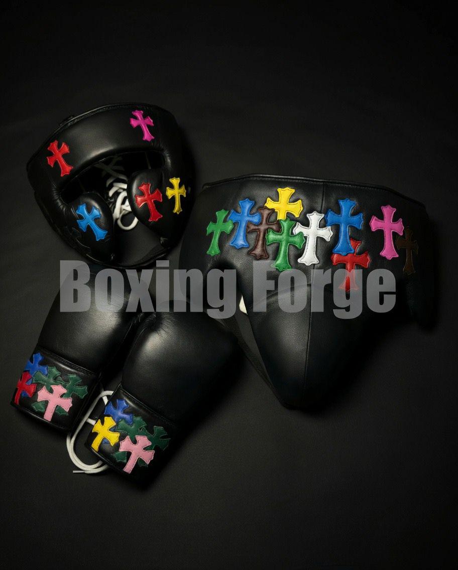 Custom Boxing set with Colorful Cross Design – Handmade Leather Gloves – Unique Christian Boxing Gear Made in Cow Hide Leather.