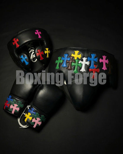 Custom Boxing set with Colorful Cross Design – Handmade Leather Gloves – Unique Christian Boxing Gear Made in Cow Hide Leather.