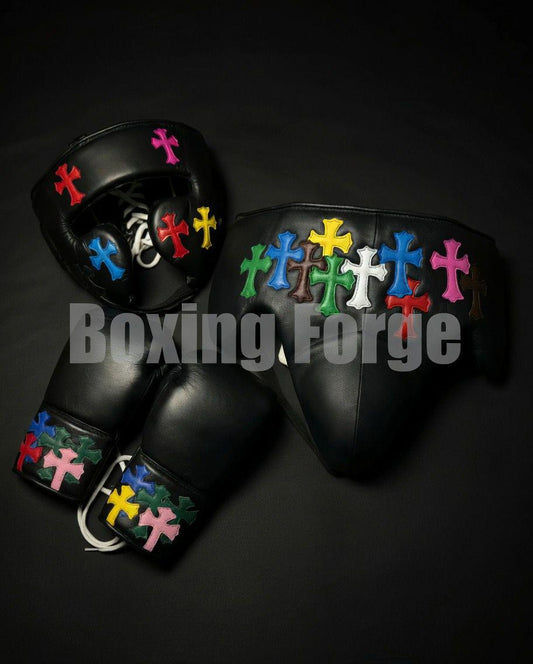 Custom Boxing set with Colorful Cross Design – Handmade Leather Gloves – Unique Christian Boxing Gear Made in Cow Hide Leather.
