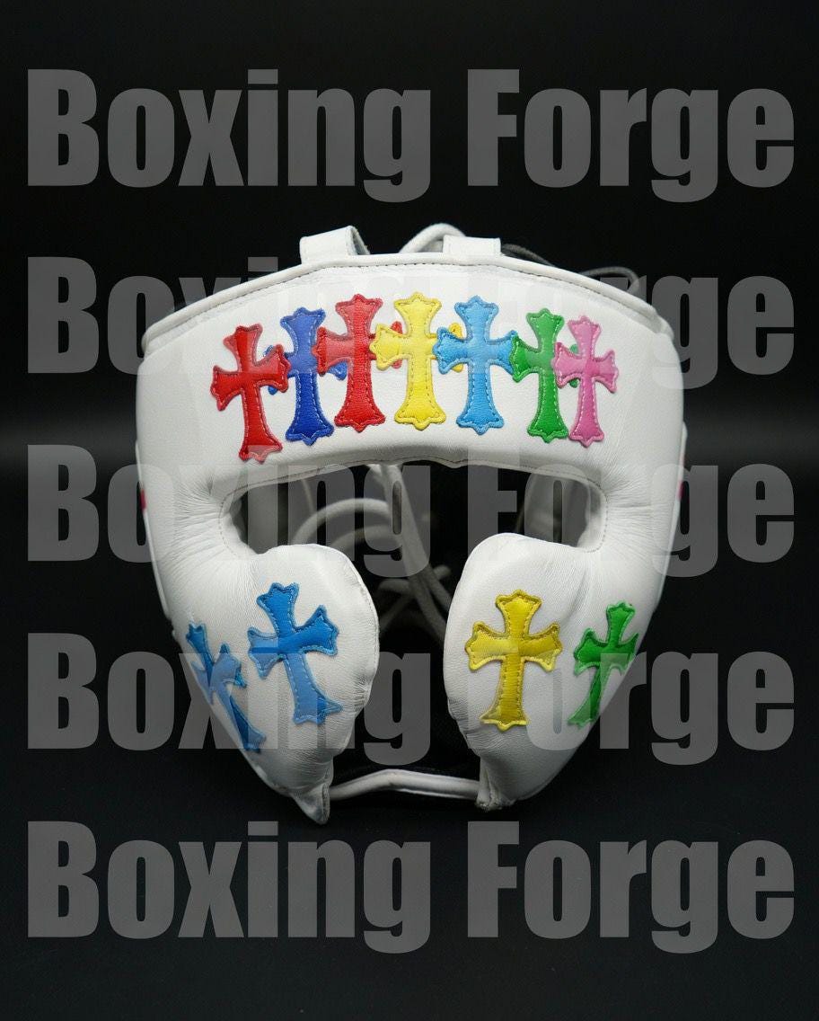 Luxury White Boxing Set – Gloves & Headgear with Vibrant Cross Artwork – Custom Fight Gear in cow hide leather.