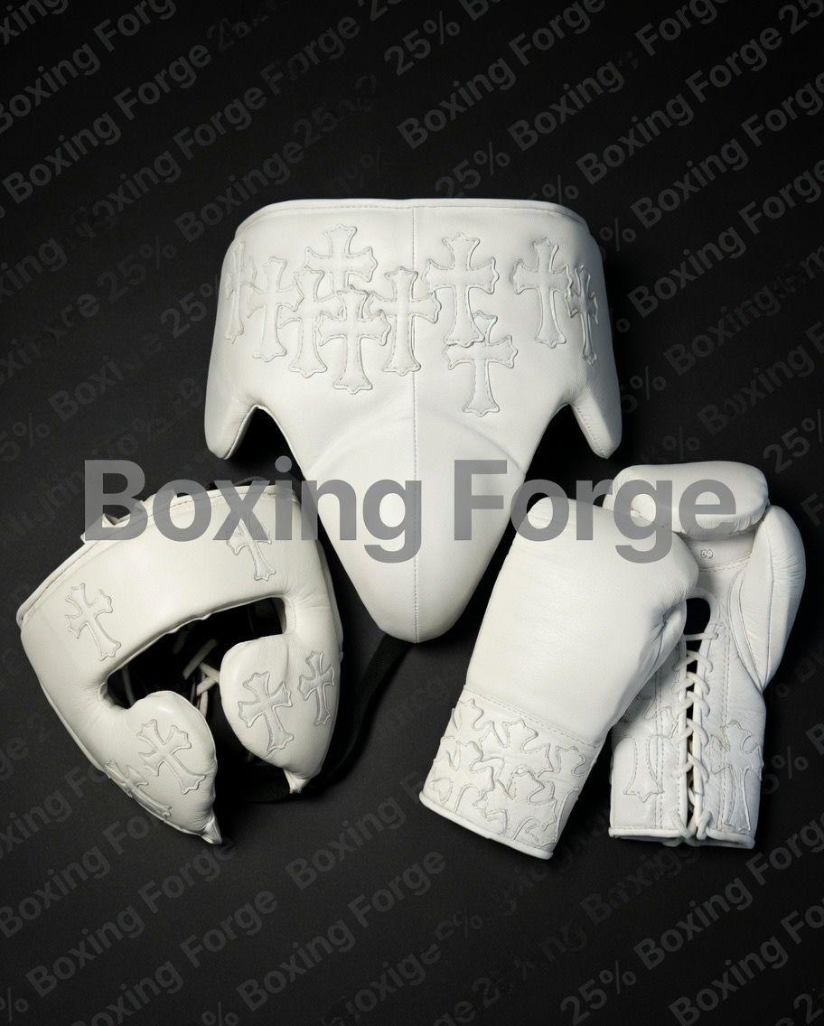 White Gothic Cross Custom Boxing Gloves, Chrome Hearts Inspired Premium Leather Sparring Gear