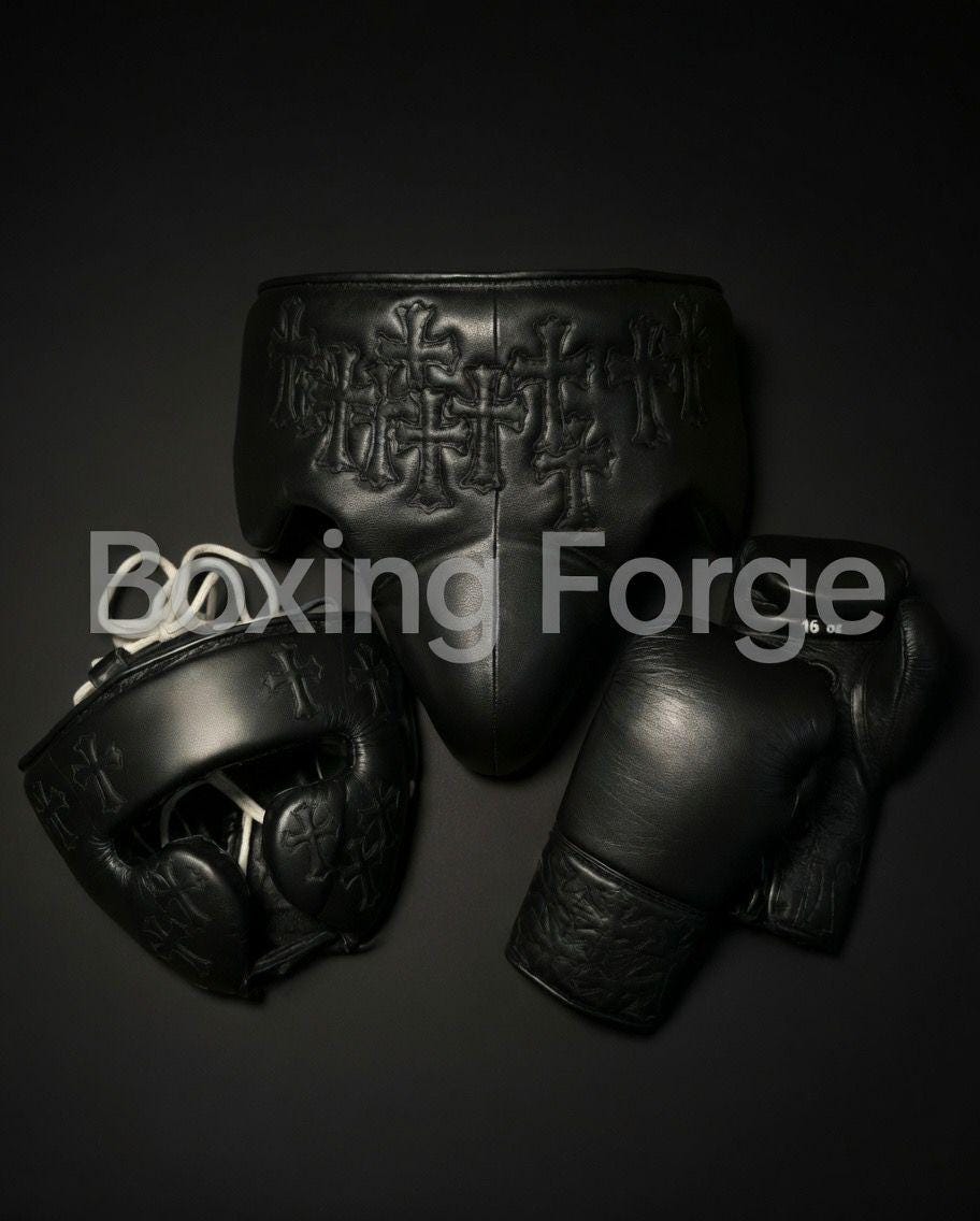 Black cow hide Leather Boxing Headgear & Gloves Set – MMA Sparring Gear, Handcrafted Boxing Forge Training Kit with free shipping and name