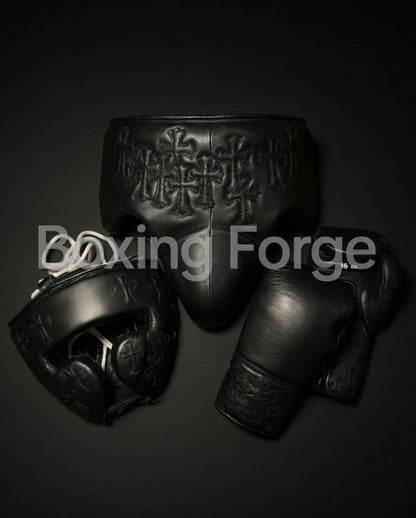 Black cow hide Leather Boxing Headgear & Gloves Set – MMA Sparring Gear, Handcrafted Boxing Forge Training Kit with free shipping and name