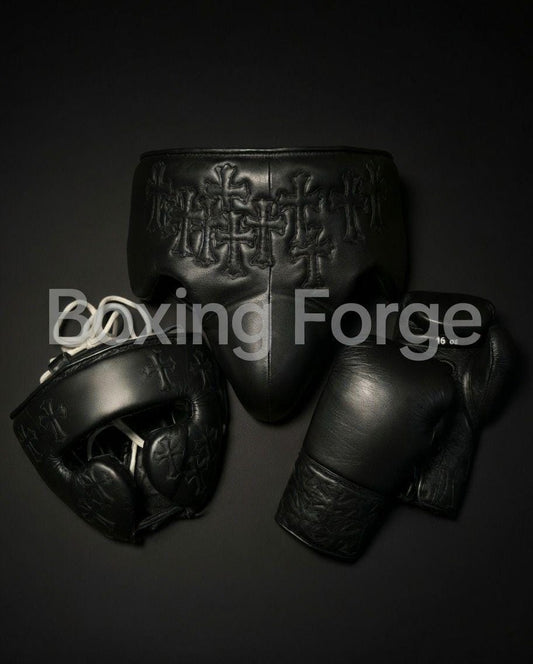 Black cow hide Leather Boxing Headgear & Gloves Set – MMA Sparring Gear, Handcrafted Boxing Forge Training Kit with free shipping and name