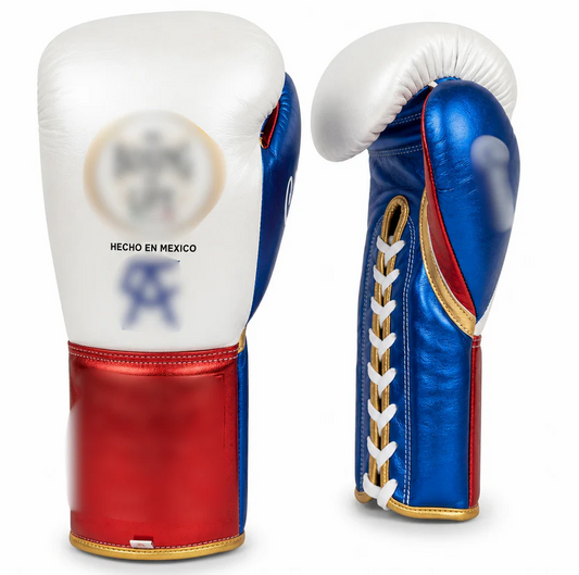 Mexican Style Lace-Up Boxing Gloves — White Blue Red Metallic  Leather | 8oz to 16oz | OEM Custom
