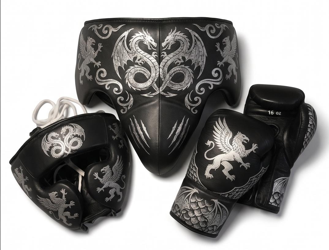 Dragon  Griffin Engraved Boxing Set – Black cow hide Leather Groin Guard, Headgear &  Gloves, Mythical Fight Gear free shipping