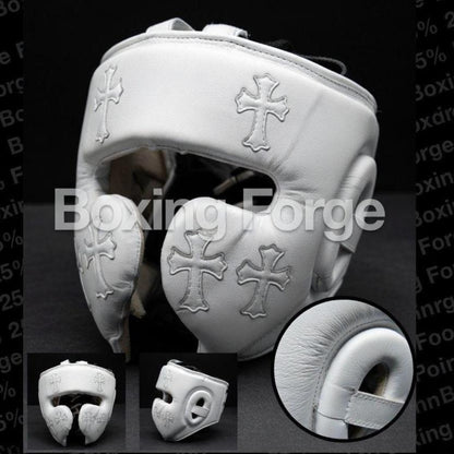 White Gothic Cross Custom Boxing Gloves, Chrome Hearts Inspired Premium Leather Sparring Gear
