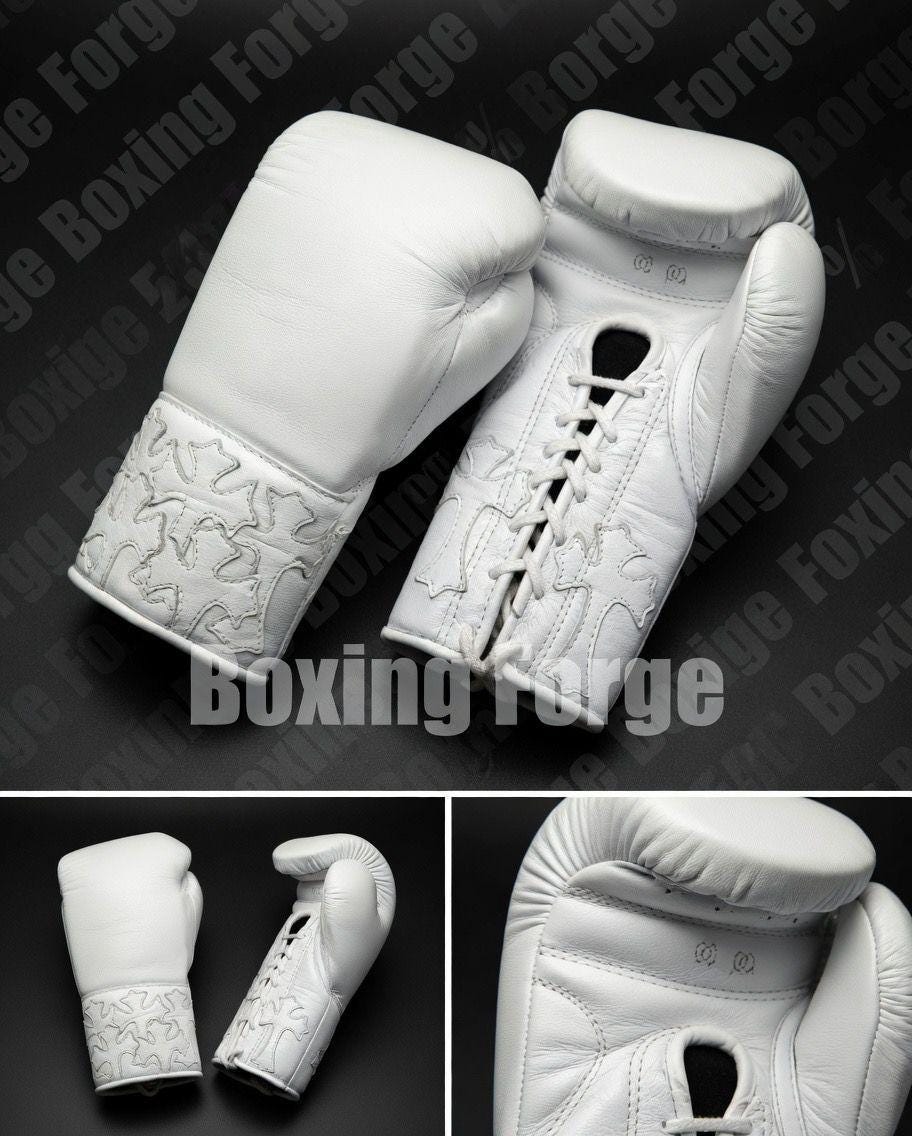 White Gothic Cross Custom Boxing Gloves, Chrome Hearts Inspired Premium Leather Sparring Gear