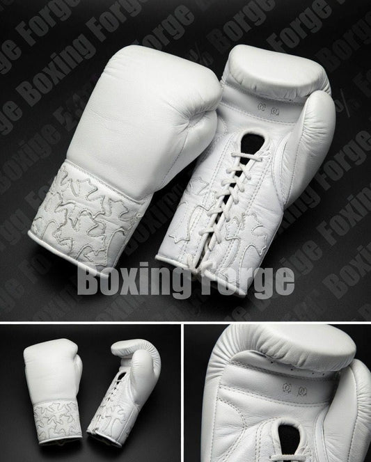 White Gothic Cross Custom Boxing Gloves, Chrome Hearts Inspired Premium Leather Sparring Gear