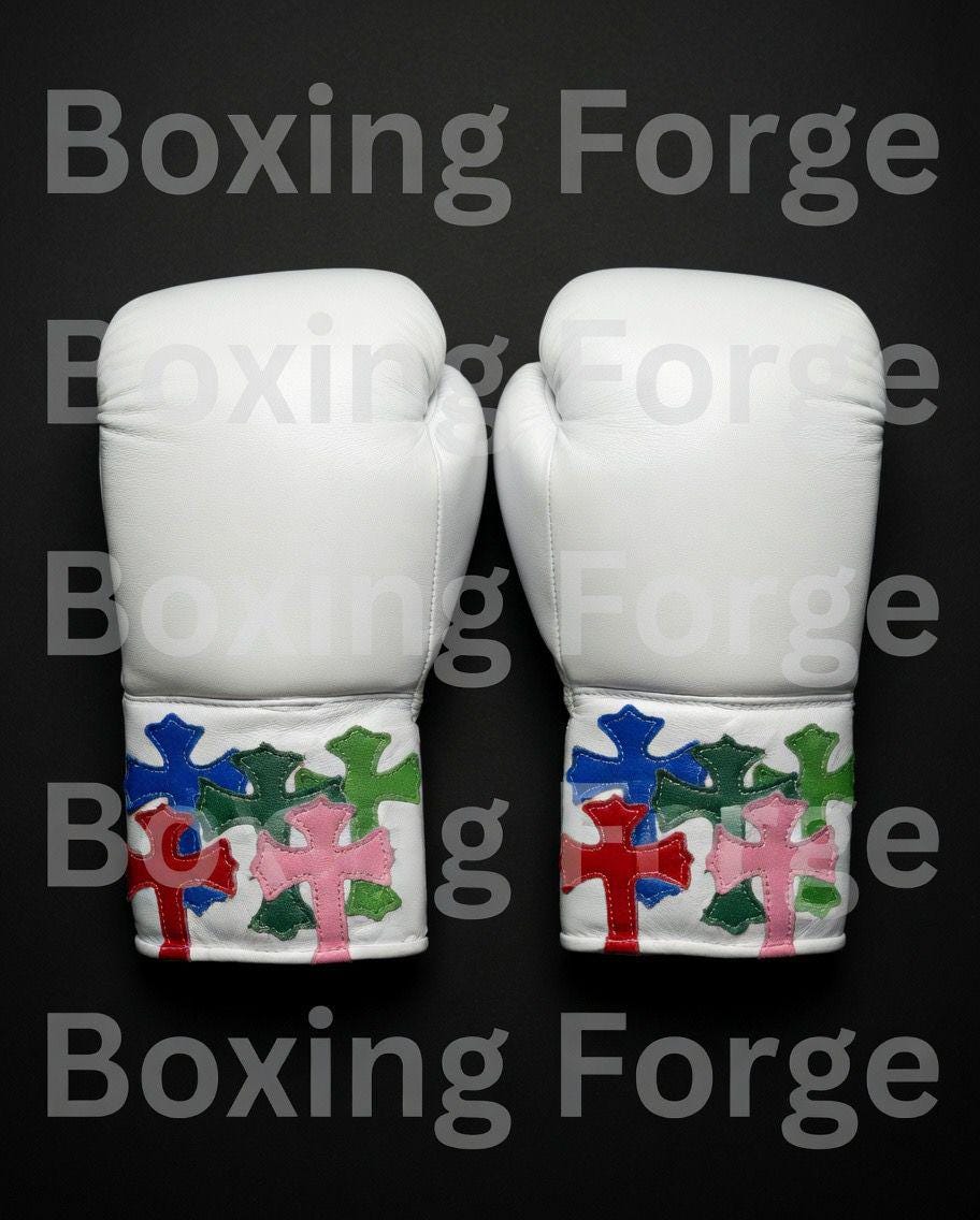 Luxury White Boxing Set – Gloves & Headgear with Vibrant Cross Artwork – Custom Fight Gear in cow hide leather.