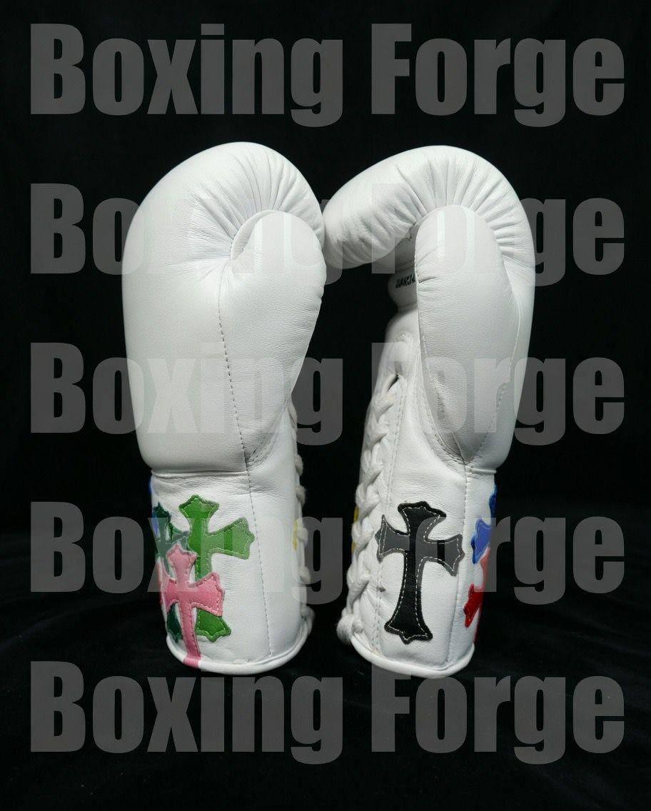 Luxury White Boxing Set – Gloves & Headgear with Vibrant Cross Artwork – Custom Fight Gear in cow hide leather.