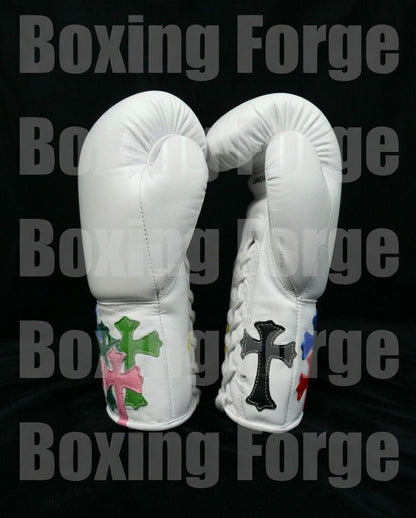 Luxury White Boxing Set – Gloves & Headgear with Vibrant Cross Artwork – Custom Fight Gear in cow hide leather.