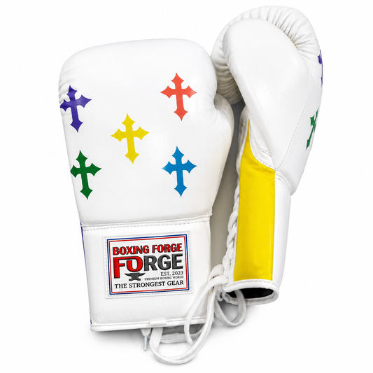 Boxing Forge Rainbow Cross Boxing Gloves | White Leather with Multi-Color Cross Design | Lace-Up Genuine Leather