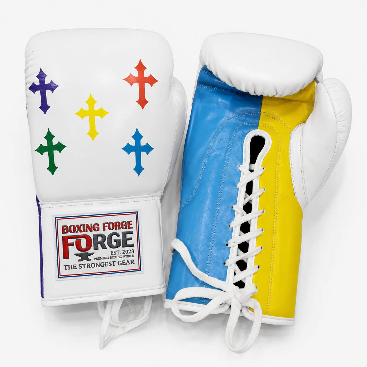 Boxing Forge Rainbow Cross Boxing Gloves | White Leather with Multi-Color Cross Design | Lace-Up Genuine Leather