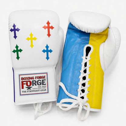 Boxing Forge Rainbow Cross Boxing Gloves | White Leather with Multi-Color Cross Design | Lace-Up Genuine Leather