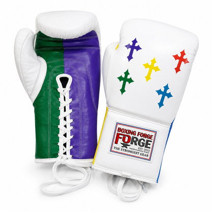 Boxing Forge Rainbow Cross Boxing Gloves | White Leather with Multi-Color Cross Design | Lace-Up Genuine Leather