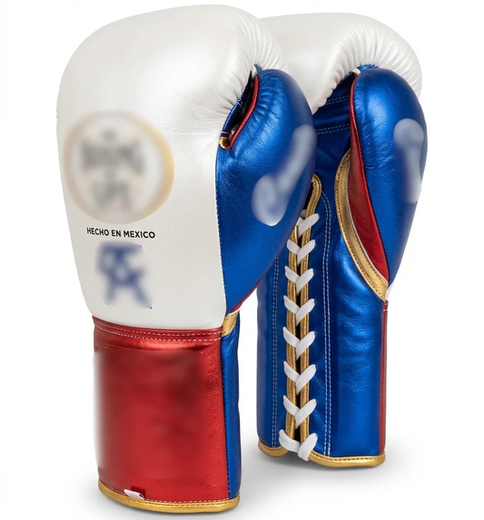 Mexican Style Lace-Up Boxing Gloves — White Blue Red Metallic  Leather | 8oz to 16oz | OEM Custom