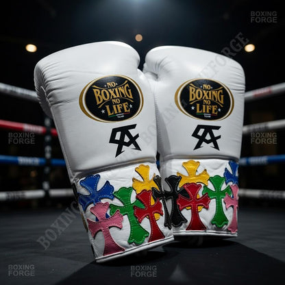 Luxury White Custom Boxing Gloves – Multicolor Cross Design – Premium Leather Fight Gloves – Unique Training & Sparring Gear