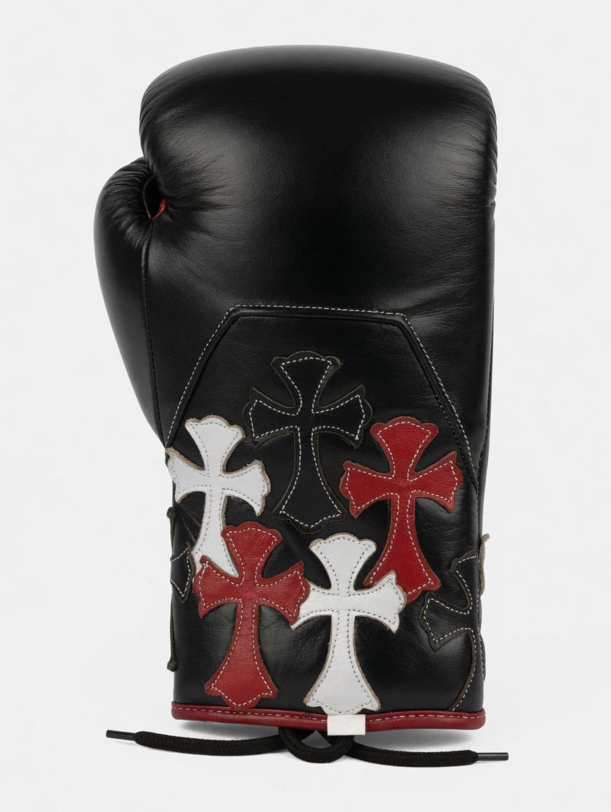 Gothic Cross Custom Boxing Gloves | Handcrafted Black Leather Sparring & Training Gear with Red and White Cross Patches