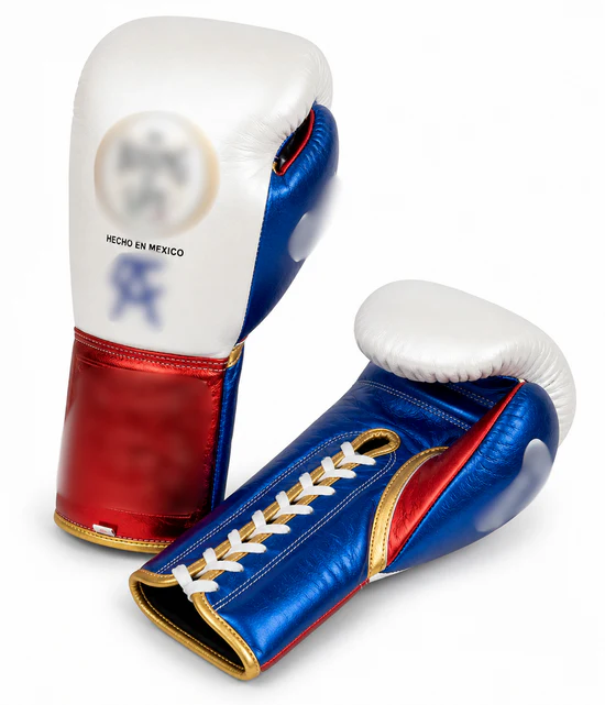 Mexican Style Lace-Up Boxing Gloves — White Blue Red Metallic  Leather | 8oz to 16oz | OEM Custom