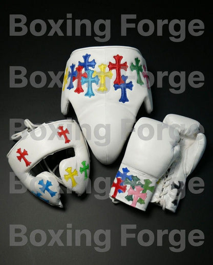 Luxury White Boxing Set – Gloves & Headgear with Vibrant Cross Artwork – Custom Fight Gear in cow hide leather.