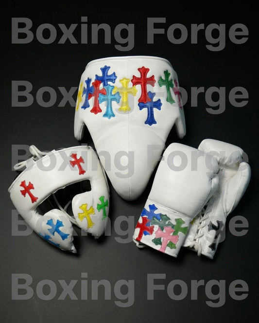Luxury White Boxing Set – Gloves & Headgear with Vibrant Cross Artwork – Custom Fight Gear in cow hide leather.
