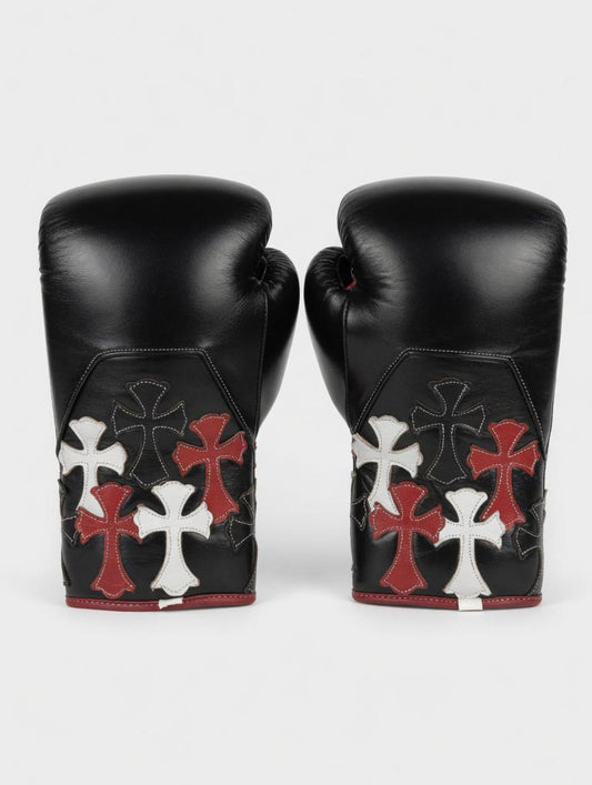 Gothic Cross Custom Boxing Gloves | Handcrafted Black Leather Sparring & Training Gear with Red and White Cross Patches