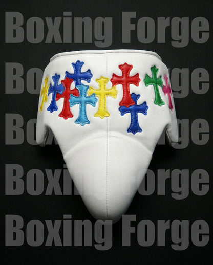 Luxury White Boxing Set – Gloves & Headgear with Vibrant Cross Artwork – Custom Fight Gear in cow hide leather.