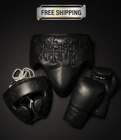Black cow hide Leather Boxing Headgear & Gloves Set – MMA Sparring Gear, Handcrafted Boxing Forge Training Kit with free shipping and name