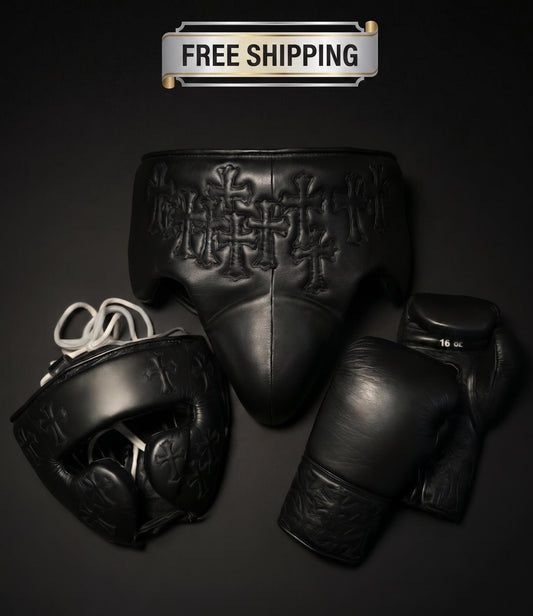 Black cow hide Leather Boxing Headgear & Gloves Set – MMA Sparring Gear, Handcrafted Boxing Forge Training Kit with free shipping and name