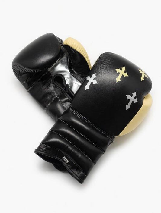 Black Leather Boxing Gloves with Gothic Cross Design – Premium Lace-Up Training Gloves